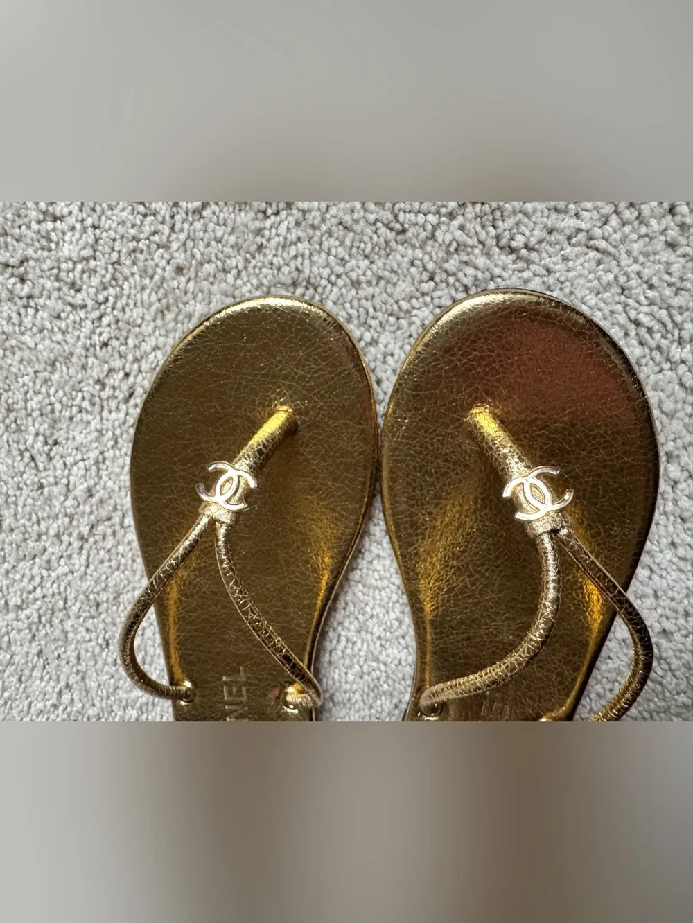 26S Chanel Thong Sandals, Laminated Gold Calfskin, Size 38